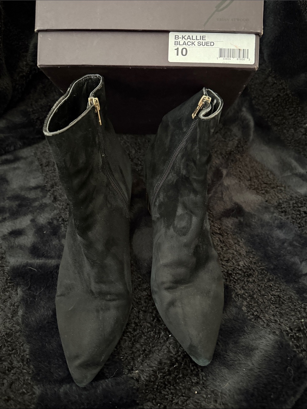 Brian Atwood Black Suede Ankle Boots with Gold Grid Block Heel
